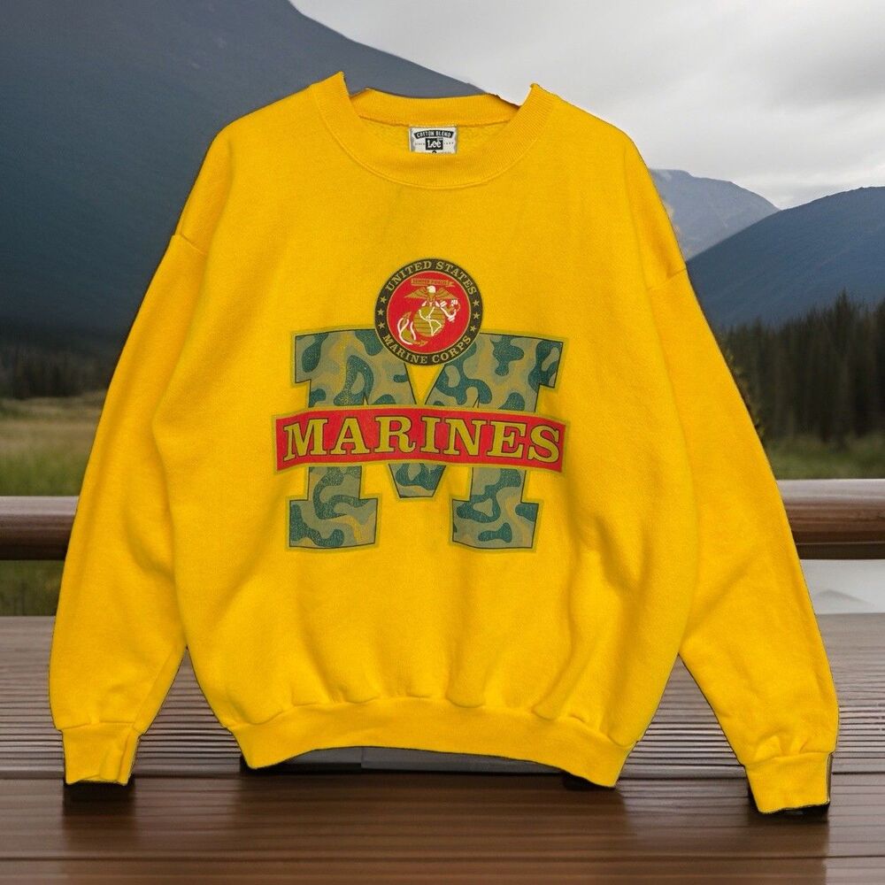 Vintage 90s Lee USMC Marine Corps Crewneck Sweatshirt XL Yellow Camo Made In USA